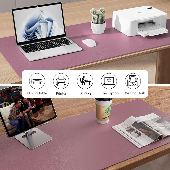 Aothia Leather Desk Pad Protector, Mouse Pad, Office Desk Mat, Non-Slip PU Leather Desk Blotter, Laptop Desk Pad, Waterproof Desk Writing Pad for Office and Home (48"x17", Dark Pink)