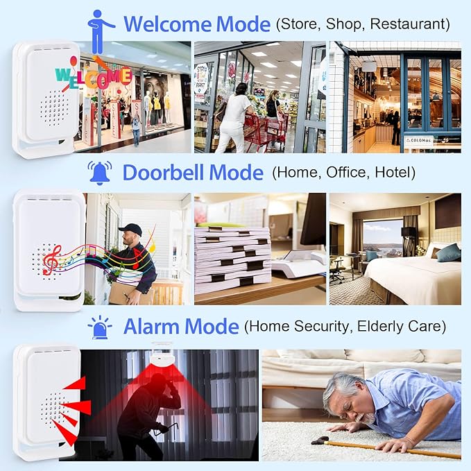 Cruxer Motion Sensor Alarm,Wireless Motion Detector Door Chime Doorbell for Home Store Business,Caregiver Reminder for Elderly,USB/Battery,Vibration