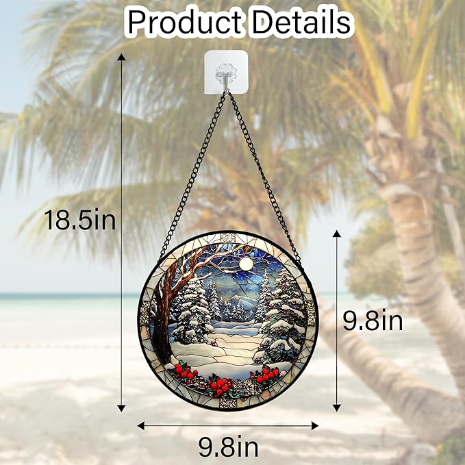 DASTOLL Stained Glass Window Hanging Christmas Tree Winter Snow Night Scenery 9.8" - Suncatcher Door Garden Kitchen Sun Catcher Home Decor Birthday for Mom Men Woman Friend