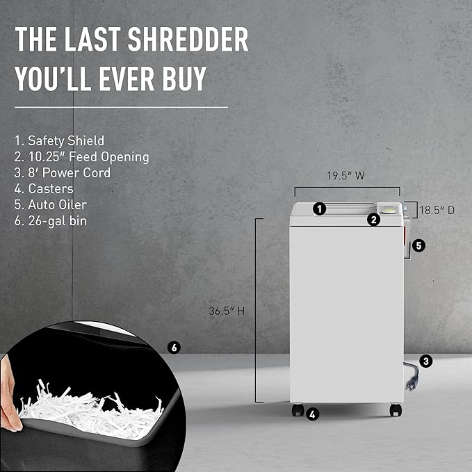 ideal. 2604 Cross-Cut Centralized Office Shredder with Automatic Oiler, Continuous Operation, 23 to 25 Sheet Feed Capacity, 26 gal Bin, Shred Staples/Paper Clips/Credit Cards/CDs/DVDs, P-4 Security
