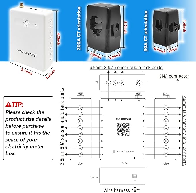 Smart Home Energy Monitor with 16 50A Circuit Level Sensors, Measure Power Usage in Real-Time, History with App (16 50A Circuit Level Sensors) - Compatible with Home Assistant