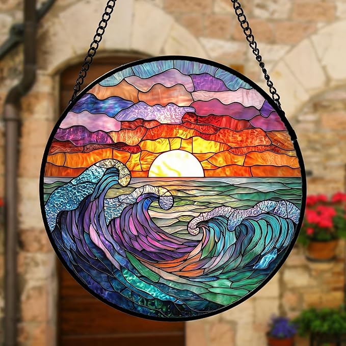 DASTOLL Stained Glass Window Hanging, Clouds and Sea Waves Suncatcher Diamond Glass Panel Hangings Scenery Sun Catchers Decor for Birthday for Women, Men, Wife, Aunt, and Mom 6.3 in
