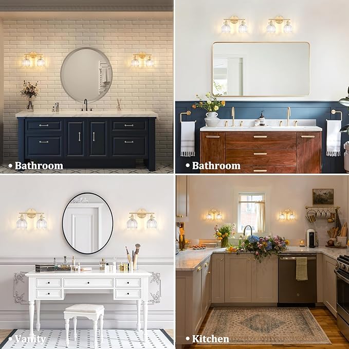 Shenmoyl Bathroom Light Fixtures, 2-Light Brass Vanity Wall Light Over Mirror with Clear Tulip Glass Shade for Bedroom Living Room (Bulb Not Included)