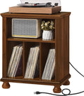 Joaxswe Record Player Stand with Charging Station Up to 200 Albums, 24" Wide Mid-Century Record Player Table with Vinyl Record Storage,Large Wood Turntable Stand Dispaly Cabinet for Living Room,Brown