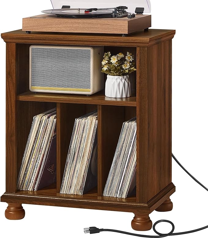 Joaxswe Record Player Stand with Charging Station Up to 200 Albums, 24" Wide Mid-Century Record Player Table with Vinyl Record Storage,Large Wood Turntable Stand Dispaly Cabinet for Living Room,Brown