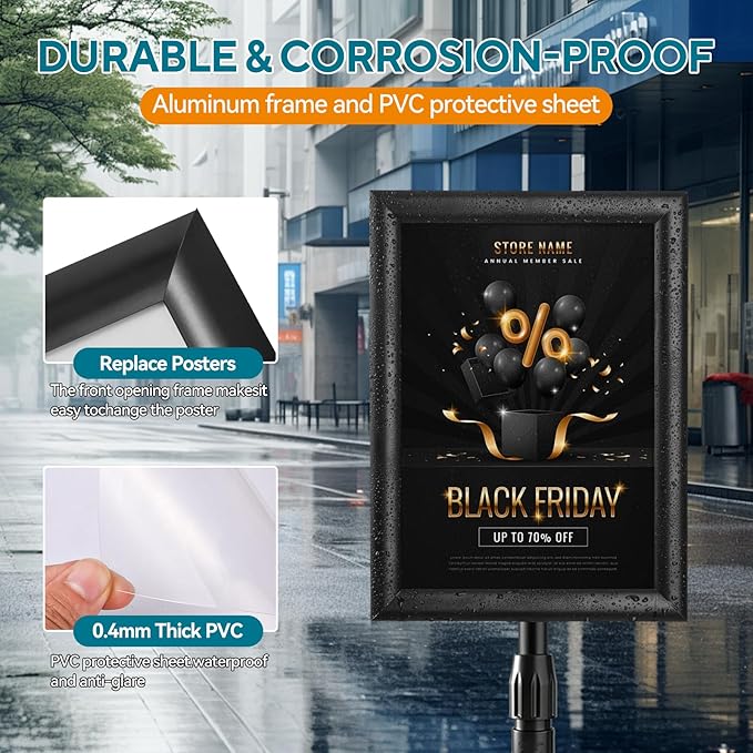 USCNC Sign Holder Stand 8.5x11 inch - Adjustable Floor Standing Sign Holder -Snap open frame,360° Rotation for Malls,Schools,Restaurants (Black 2 Pack)