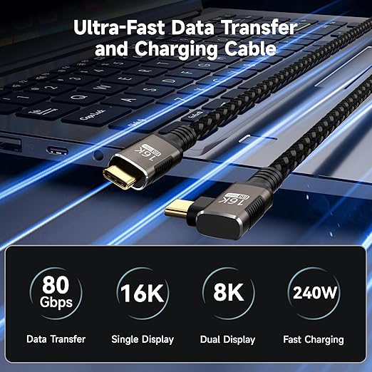 Short 90 degree USB C Cable 1FT Compatible With Thunderbolt 5/4,USB 5/4 right angle Cable 80Gbps Data Transfer,Type-C 240W Fast Charging,USB C Cable 16K@60Hz/8K@120Hz Video Output for Monitor/Display.