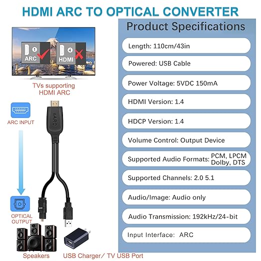 192KHz HDMI ARC to Optical Audio Converter for TV to Soundbar, Plug & Play 3.4ft/1.05m ARC to Optical Cable Audio Extractor Adapter Splitter for Sound System Speaker Home Theater Support Dolby/DTS 5.1