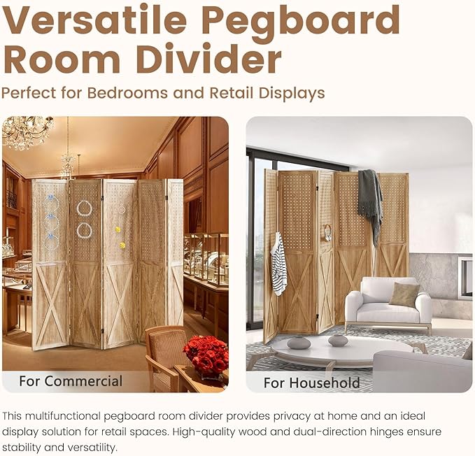 ALeesing 6 Panel Pegboard Room Divider, 5.6Ft Pegboard Display Folding Privacy Screens, Wood Room Divider Peg Board Display Freestanding for Trade Show Craft Show Home Wall Organizer, Light Brown