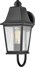 Hinkley Kingston Single Light Wall Mount Outdoor Lantern - Oversized Sweeping Roof & Bottom Arm, Aluminum, Clear Seedy Glass - Black Finish