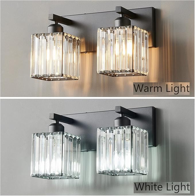 FDPBY Modern Bathroom Vanity Light 2-Lights Black Crystal Bathroom Wall Light Vanity Light Fixtures，12.59-inch Modern Minimalist Design