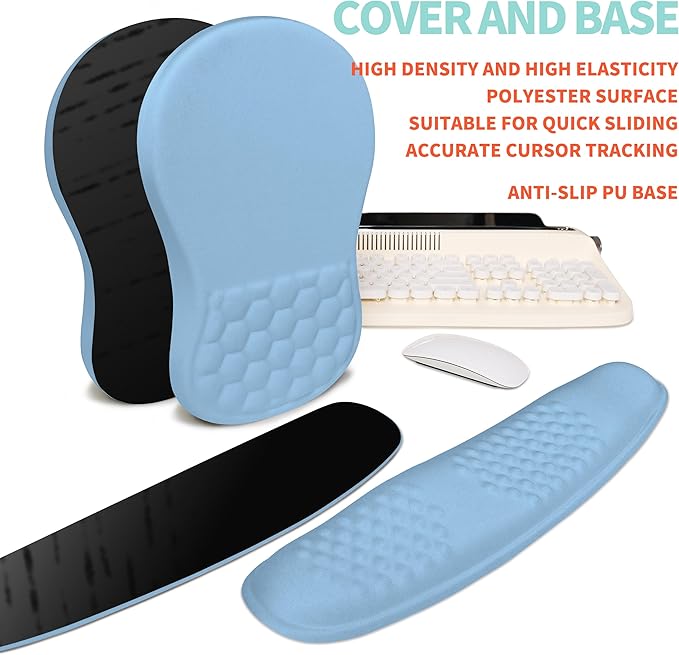 KUOSGM 2-in-1 Ergonomic Set, Wave Rise Keyboard Wrist Rest and Massage Bulge Slope Mouse Pad Wrist Support, Cushion Memory Foam Integrated to Relieve Wrist Pain, Lake Blue