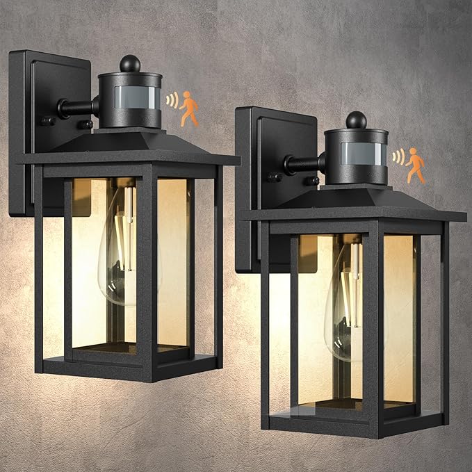 LTBLIGHT 2-Pack Motion Sensor Outdoor Lights, Modern Black Dusk to Dawn Porch Light Lanterns with 4 Modes, Waterproof Exterior Lighting for House, Patio, Garage, Front Door, 120V