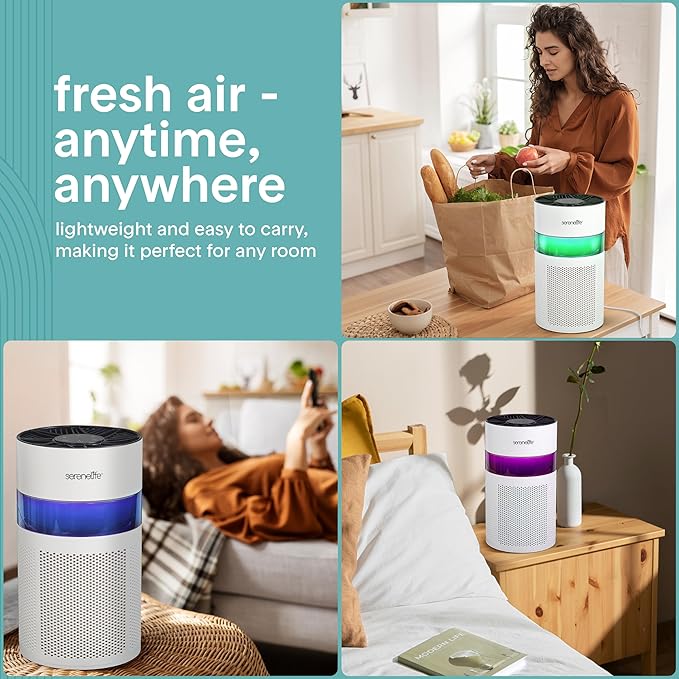 SereneLife Portable Air Purifier | Small Air Purifier For Home, Allergies, Pet Hair & Bedrooms | Filter Change Reminder & Aroma Box | Filtration Removes Dust, & Smoke Odor | Timer & Sleep Mode | White