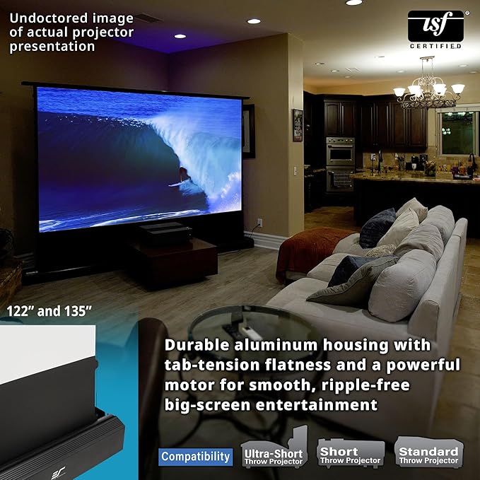 Elite Screens Kestrel Tab-Tension 3 CineWhite, 122 inch 16:9 Aspect Ratio, ISF Certified, Electric Floor-Rising Motorized Tab-Tensioned Front Projector Screen, Programmed Remote Kit, FTE122H3