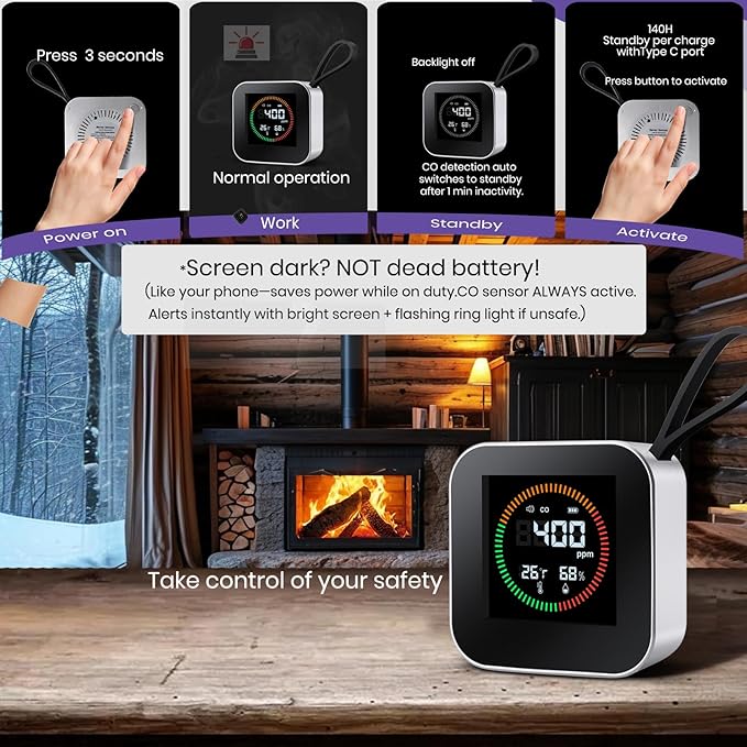 NEXUS SENSUS 3-in-1 Portable Carbon Monoxide Detector for Travel – UL-Compliant CO Alarm with Temperature and Humidity Monitor, USB-C Rechargeable for RV, Hotel, Camping(1, Silver)