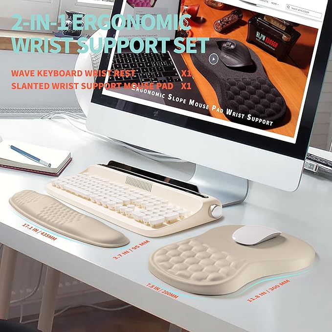 KUOSGM 2-in-1 Ergonomic Set, Wave Rise Keyboard Wrist Rest and Massage Bulge Slope Mouse Pad Wrist Support, Cushion Memory Foam Integrated to Relieve Wrist Pain, Apricot