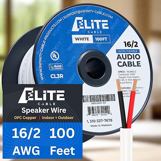 Elite 16/2 Speaker Wire 100ft, UL Listed, CMR/CL3R, (Riser/in-Wall & Outdoor/In-Ground (Direct Burial)- 100% Oxygen Free Pure Bare Copper (OFC), 16AWG/2-Conductor, 100ft Bulk Cable (65 Strands) White