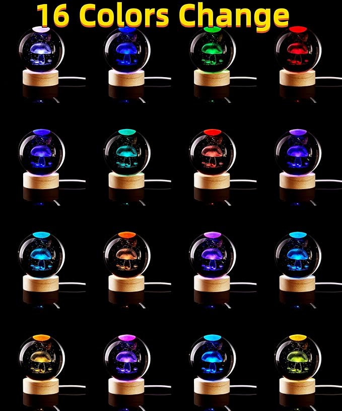 Conalisk 3D Mushroom Crystal Ball Lamp, Lifelike LED Mushroom Night Light, 16 Colors Changing Light, Dimmable Remote Control, Desk Lamp
