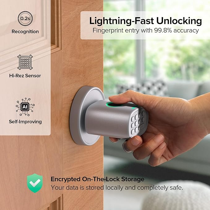 ThorBolt Keyless Entry Door Lock, Fingerprint Door Lock with Keypad Biometric Door Knob, Auto-Lock for Interior Doors Thickness up to 2-1/4", Bedroom, Home Office, Garage, 4xAA Alkaline, MD1 Silver