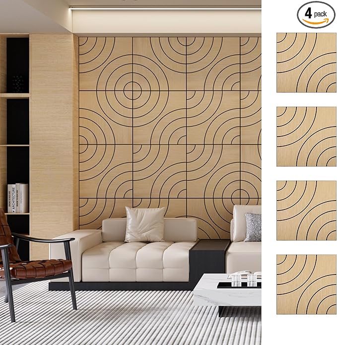 ARMURO 4 Packs Acoustic Wall Panels - Self-Adhesive 3D Wood Slat Wall Panel- Peel and Stick Sound Absorbing Panels for Noise Reducing - Feature Wall Decor for Home & Office