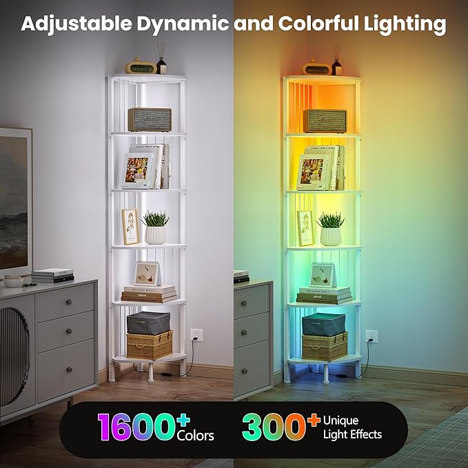 MonaSixy 6 Tier Corner Shelf with Light, Music Synic 60000 DIY LED Color Smart Remote Tall Display Shelves Corner Shelf Stand Bookshelf Wood Rack Metal Frame for Living Game Room Bedroom, White
