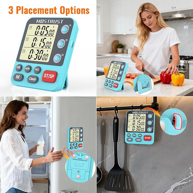 MOSTRUST Digital Dual Kitchen Timer, 3 Channels Countdown Triple Timer for Cooking, Magnetic Memory-Preset Large-Display Adjustable Alarm Volume, Multi Times Management, 3A Battery Included, Blue