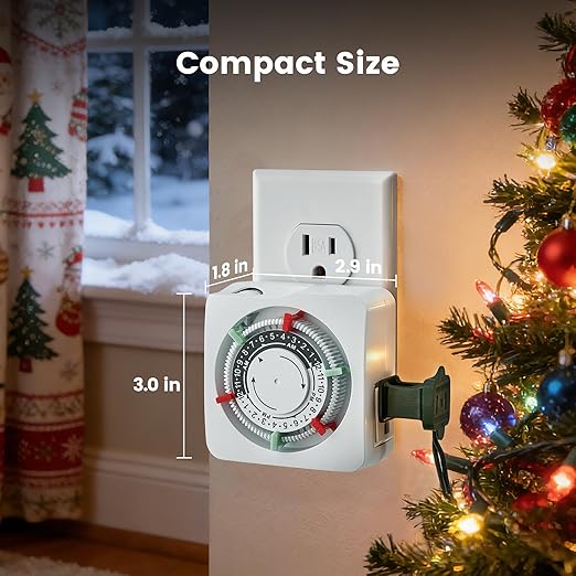SURAIELEC Mechanical Timer with 2 Grounded Outlets, Indoor Electrical Plug in Timer with Trippers, 24-Hour Programmable and 3 Prong for Christmas Decorations, Plant Lights, Fan, 15A, White, 2 Pack