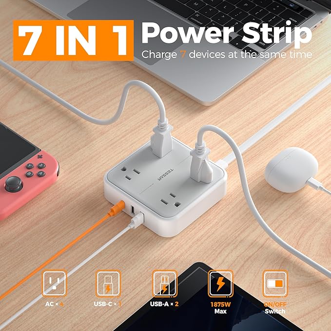 TESSAN Surge Protector Power Strip, 5 Ft Flat Plug Extension Cord with 4 Outlets 3 USB C Ports (1 USB C),900 Joules, 1875W 15A, Multiple Wall Outlet Extender Suitable for Office, Dorm Room Essentials