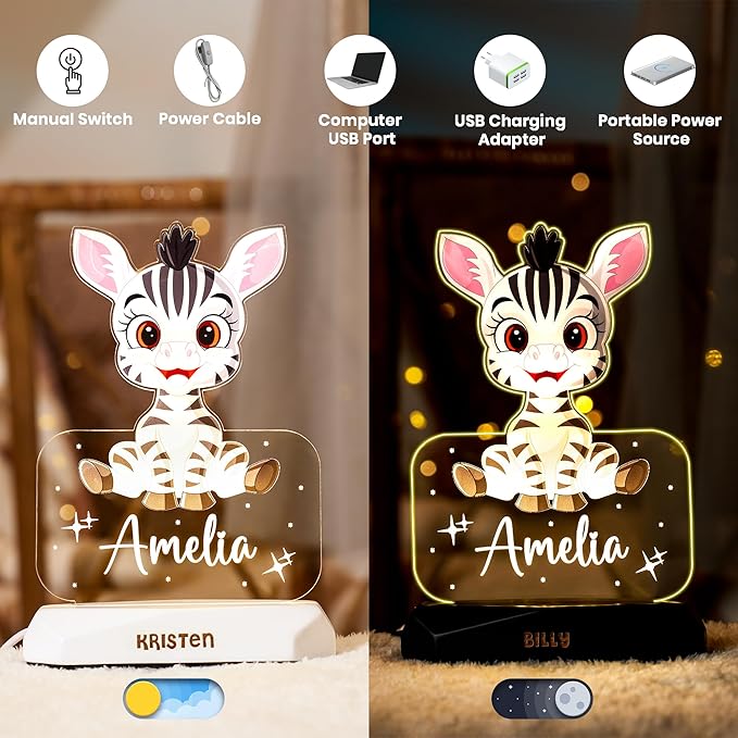 hun concept Personalized Kids Zebra Night Light – Custom Name LED Lamp for Nursery, Baby Room & Bedroom, Cute Animal Acrylic Night Lamp with Wooden Base, Unique Birthday & Christmas Gift for Children