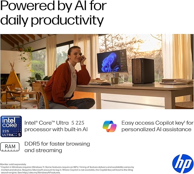 HP 2025 OmniDesk M03 Premium Business Next Gen AI Desktop Computer Intel Core Ultra 5 225(Up to 4.9GHz), 16GB DDR5 RAM, 256GB PCIe SSD,+ 1TB HDD Wi-Fi 6, HDMI, DP, 2-Monitor Support 4K, Windows 11