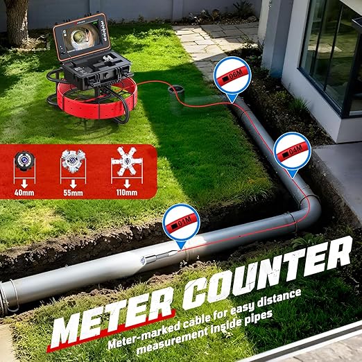 HBUDS Sewer Camera 100ft, Self Leveling Drain Camera with Meter Counter, 7mm Thick Cable, 9" HD Screen 1080P Plumbing Cameras Snake with Light, 5100mAh Battery Duct Pipe Video Inspection Cam DVR 32GB