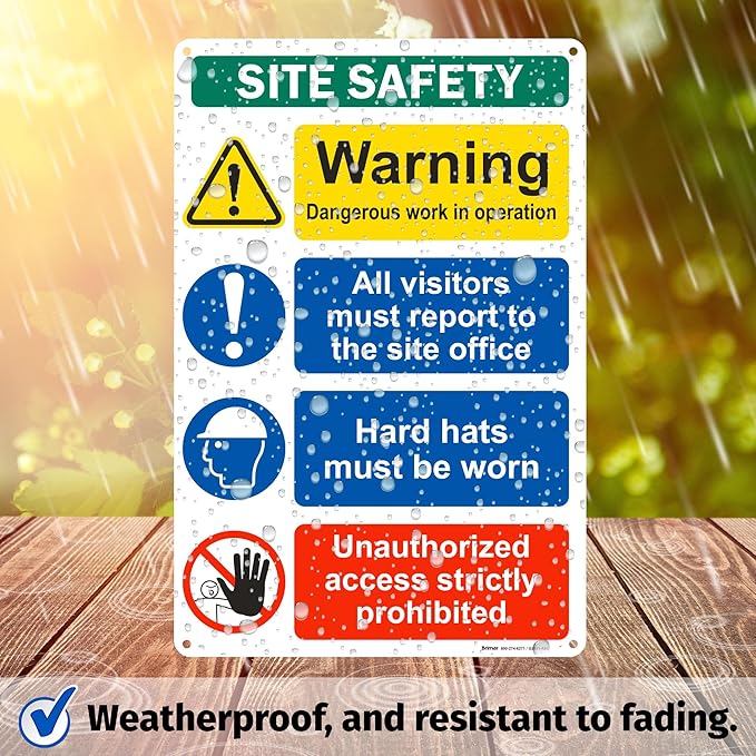 Brimar - 12" x 18" - Construction Site Safety Sign - .063″ White Rust-Free Aluminum - Bold Text - Easy Installation