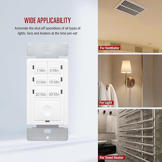 ENERLITES 30-Minute No Neutral Countdown Timer Switch, 1-5-10-15-20-30 Min, for Bathroom Fans, Heaters, Lights, 120VAC 800W, UL Listed, HET06A-J-W, White
