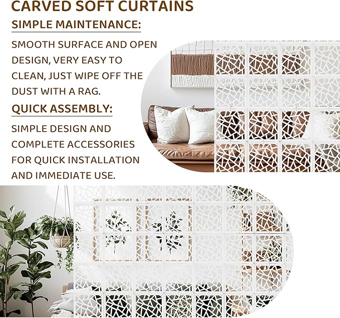 24 Pcs PVC Hanging Room Divider,Flower Carving Pattern Panels,Decorative Wall Screen Panel, Room Divider Partitions Panel Screen for Decorating Bedroom Dining Kitchen Office Studio 29 * 29cm