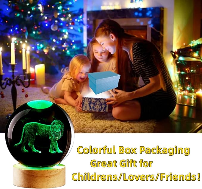 3D Crystal Ball Lamp with Lifelike LED Lion, 16 Color Changing Light, Dimmable Remote Control