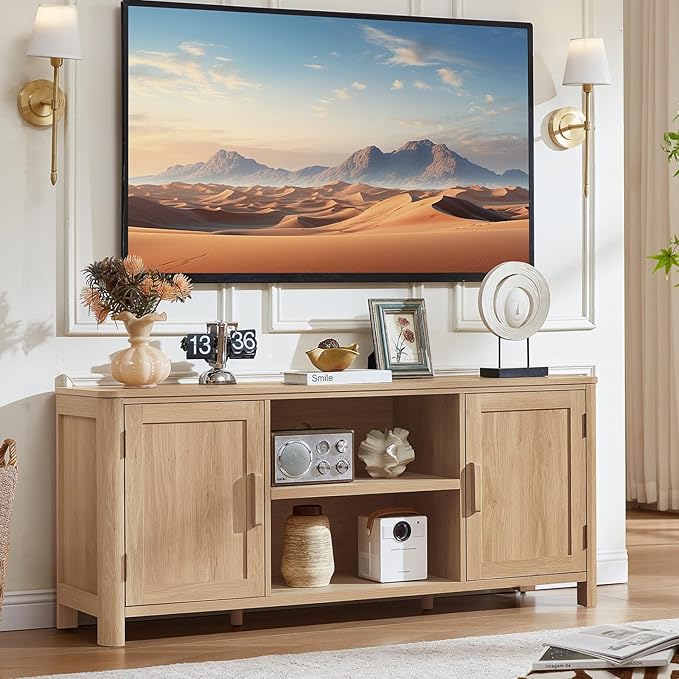 Joaxswe Farmhouse 55" Entertainment Center, Natural Oak Tv Stand with Adjustable Shelves & 2 Door Storage,Wood Media Console Cabinet for TVs Up to 65 inches, Rustic Tv Stands for Living Room,Bedroom