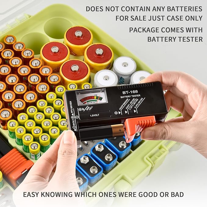 Aptbyte Battery Organizer Storage Holder Box Case with Tester- 269 Batteries Double-Sided Variety Pack, Holds AA AAA 4A C D Cell 9V 3V Lithium LR44 CR2 CR123 CR1632 18650 Button- Green (Box Only)