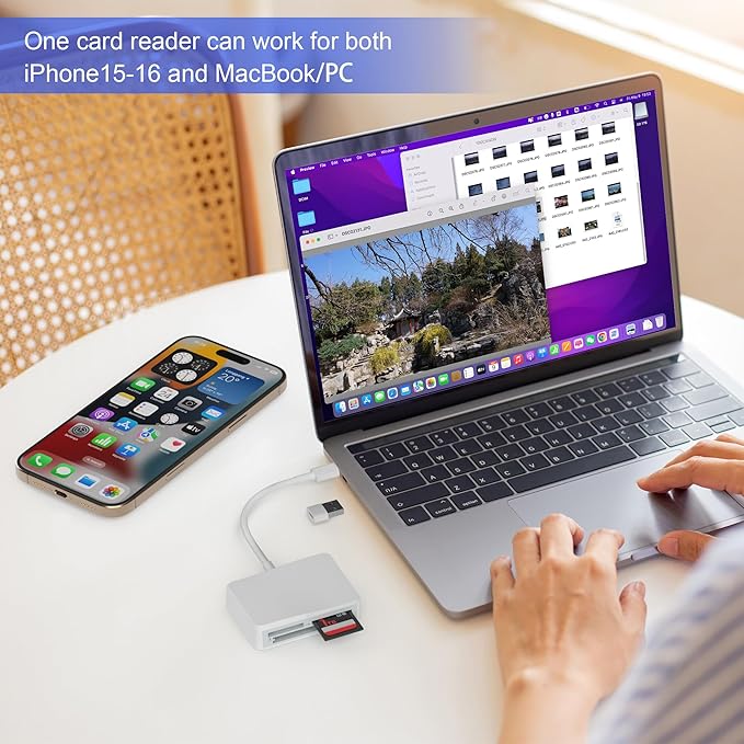 SD Card Reader, 4 in 1 USB C to SD/TF/CF/MS Card Reader with USB to USB C Adapter Memroy Card Reader for iPhone 17/16/15 Pro Max iPad Pro MacBook Pro/Air iMac M4/M3/M2 Android Phone/Tablet PC (White)