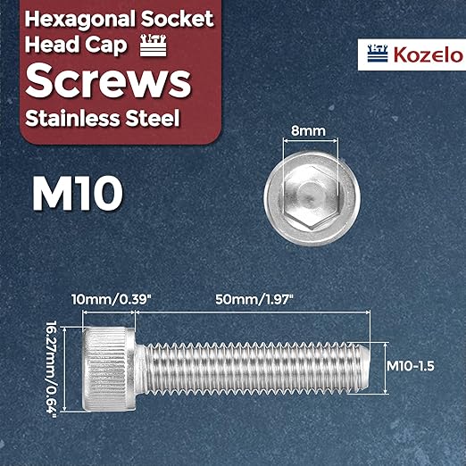 Kozelo 6pcs Socket Head Cap Screws - [M10-1.5 x 50mm] 304 Stainless Steel Allen Socket Drive for Electrical Motor 3D Printing Fan Engine Replacement Use, Silver