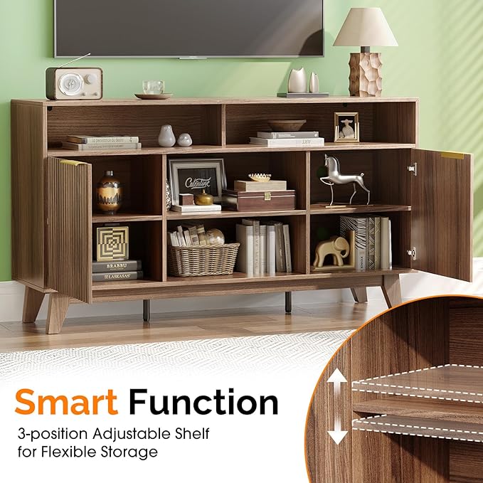 VINGLI Boho Fluted TV Stand for 70" TV, Solid Wood Entertainment Center with Storage and Shelves, Tall Media Console with Cable Management, TV Cabinet for Living Room and Bedroom, Walnut