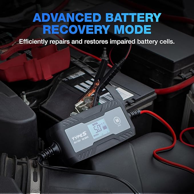 Type S 5A Smart Battery Charger & Maintainer – 6V & 12V Automatic Car Battery Charger for Cars, Trucks, Motorcycles, Boats, ATVs, Lawn Mowers, RVs – Lead-Acid, AGM, Gel, LiFePO4 Batteries