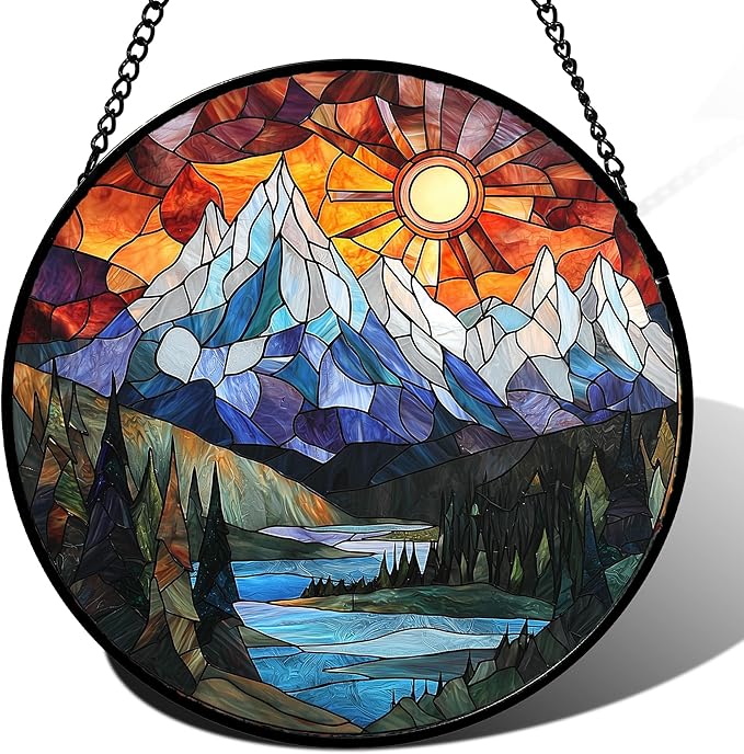 AMDERVEN Stained Glass Window Hanging - Colorful Mountain Lake Landscape Sun Catcher for Door Garden Home Decor Suncatcher Christmas Mother's Day Birthday Gifts for Women Men Mom Nana 7.8 in