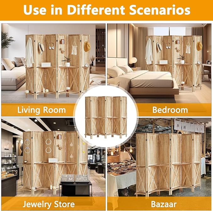 Aleesing 6 Panel Pegboard Display with Shelf, Wooden Pegboard Room Divider Wall with 24 Hooks, Partition Room Dividers and Folding Privacy Screens, Bedroom, Jewelry Store, Natural