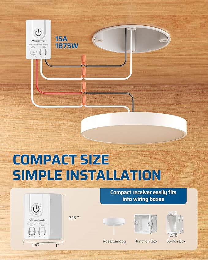 DEWENWILS Wireless Light Switch and Receiver Kit, 15A, No in-Wall Wiring Required,Remote Control Wall Switch Lighting Fixture for Ceiling Lights, Fans, Lamps,100 Ft RF Range, Programmable