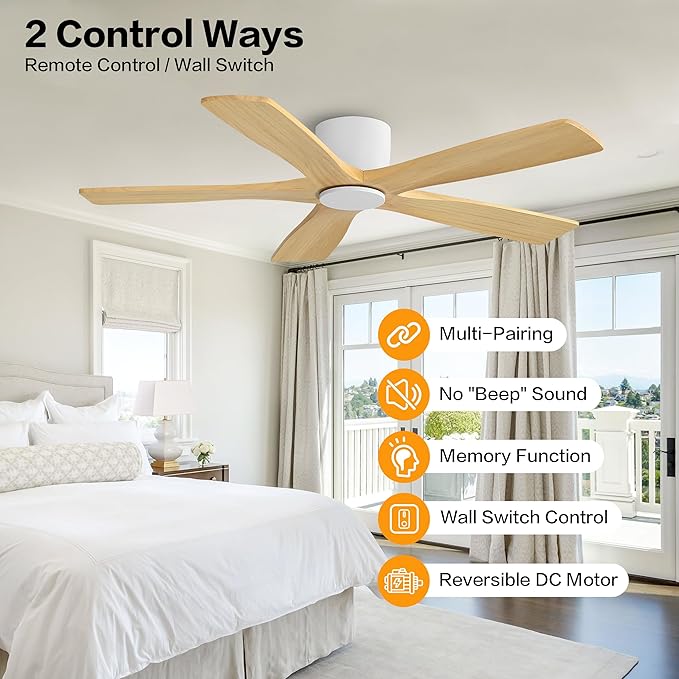 WINGBO 48" Flush Mount DC Ceiling Fans Without Lights, 5 Carved Solid Wood Blades, 6-Speed Reversible DC Motor, Low Profile Hugger Ceiling Fan No Lights for Living Room Bedroom Patio, White and Oak