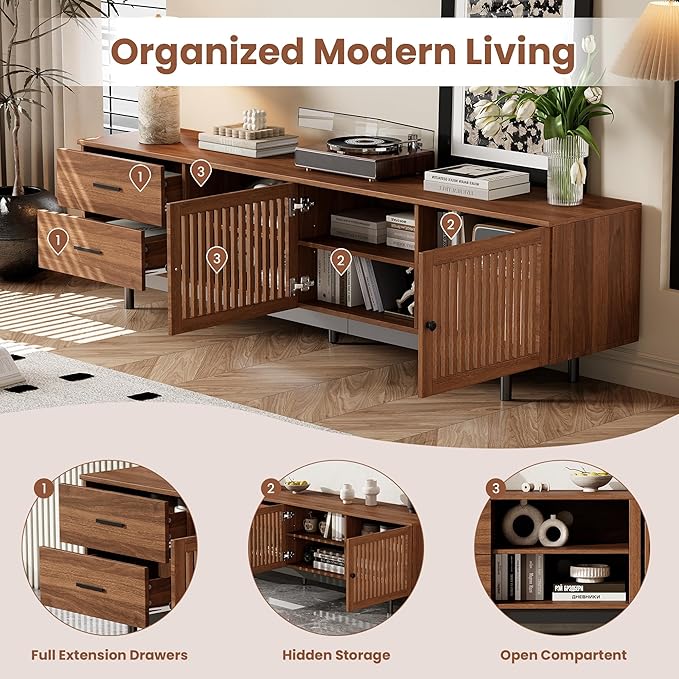 Zerberus 78” TV Stand, Mid-Century Modern TV Console Entertainment Center for TVs up to 85 Inch, Media Cabinet with Deep Drawers, Slatted Doors, Adjustable Shelf, Cable Management
