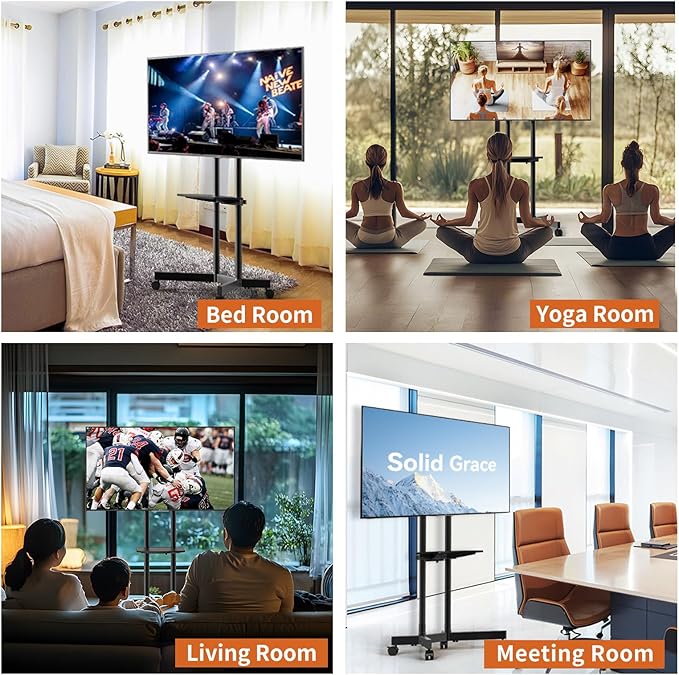Solid Grace Rolling TV Stand with Power Outlet for 32-75 Inch TVs up to 88lbs, Portable TV Stand with Shelf, Mobile TV Cart for Living Room, Office, Meeting Room, Outdoor(with Power Outlet+Shelf)