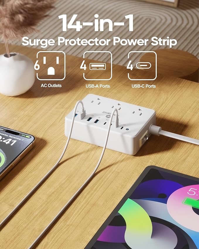 Kakyanill 100W Charging Station, 6 AC Outlets 8 USB Power Strip with 2000J Surge Protector, 5ft Flat Plug Extension Cord, Compact for Desk Home Office Dorm, White