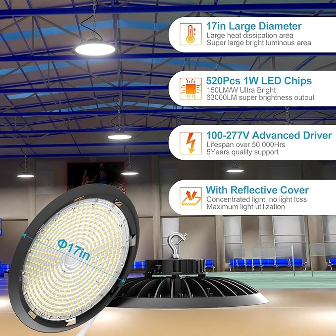 ACOHOOK 420W LED High Bay Light 5000K Daylight UFO Commercial Bay Light AC100-277V, 63000LM (1680W MH/HPS) High Bay LED Shop Lights with Plug and US Hook-4Pack